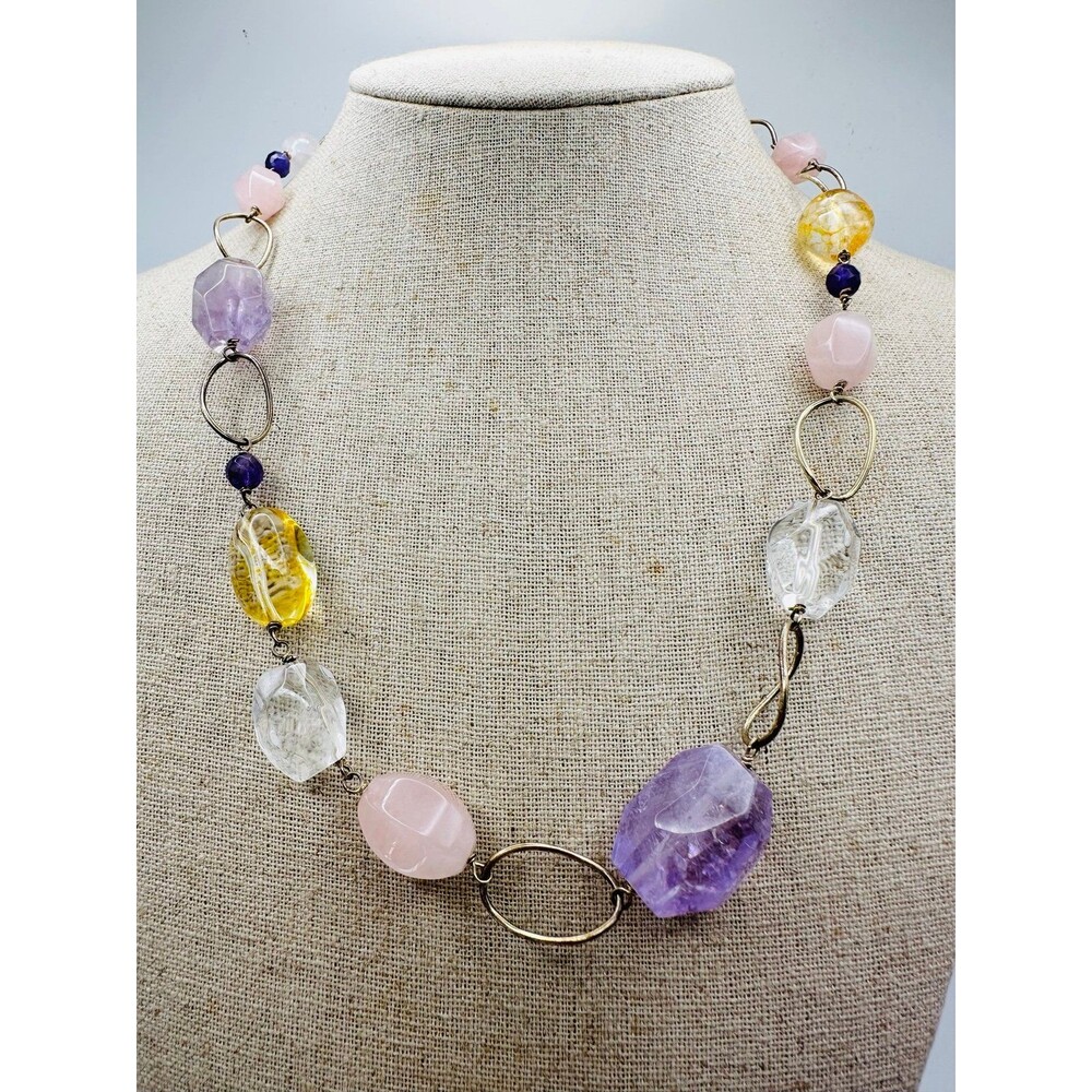 J&T artisan sterling silver gold vermeil amethyst rose quartz necklace 20”